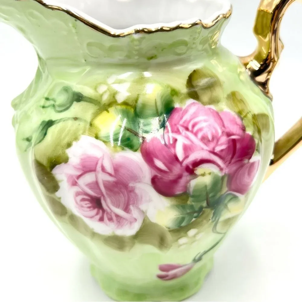 Vintage Lefton Green Heritage Roses Gold Trim Small Pitcher 4172‎ Hand Painted